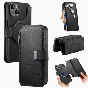 For iPhone 15 14 Pro Max Wallet Case, Zipper Storage Design & RFID Blocking, Detachable Magnetic Flip Folio Cover