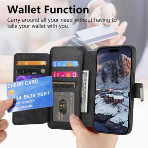 For iPhone 15 14 Pro Max Wallet Case, Zipper Storage Design & RFID Blocking, Detachable Magnetic Flip Folio Cover