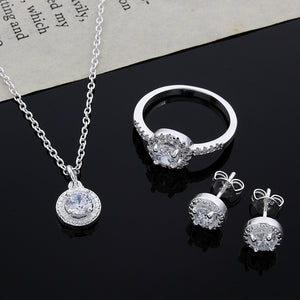 925 Sterling Silver Cute Solid Christmas Gift Noble Fashion Elegant Women Shiny Crystal CZ Necklace Earring Ring Jewelry Set